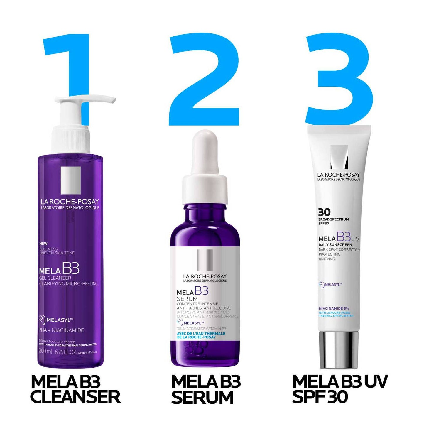 mela-b3-dark-spot-serum-with-melasyltm-niacinamide-o2 LaRochePosay-Product-MelaB3-MelaB3Cleanser-200ml-03337875890069-Routine_1500x1500_REV.jpg
